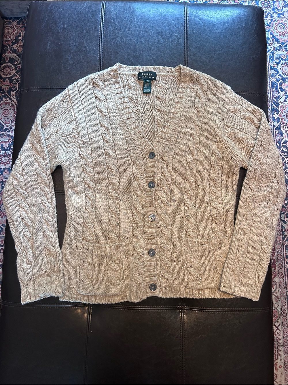 Vintage Lauren Ralph Lauren 100% Wool Marled Tan Cardigan Sweater Sz Medium